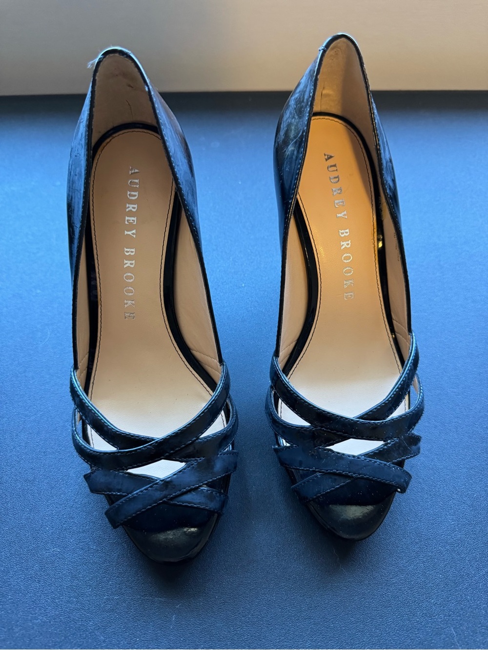 Audrey Brooke Black Patent Crisscross Peep-Toe Pumps